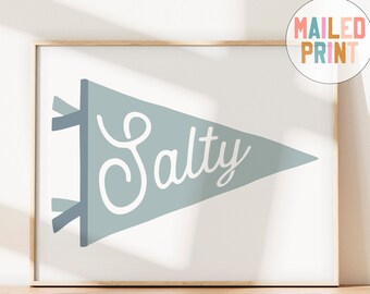 May include: A framed print with a light blue pennant with the word "Salty" written in white cursive. The print is on a white background and is framed in a light wood frame.