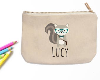 Woodland Hipster Squirrel Personalized Pencil Pouch // Custom Personalized Kids Squirrel in Glasses School Pencil Bag // Pencil Case