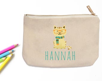 Hipster Cat Personalized Pencil Pouch // Custom Personalized Kids Hipster Cat with Mustache School Pencil Bag // Pencil Case