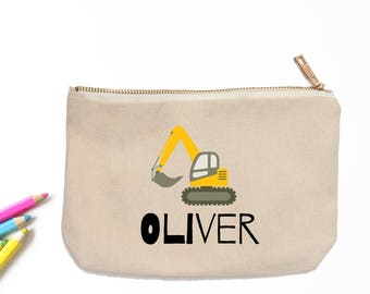 Digger Personalized Pencil Pouch // Custom Personalized Kids Construction Digger Truck School Pencil Bag // Pencil Case