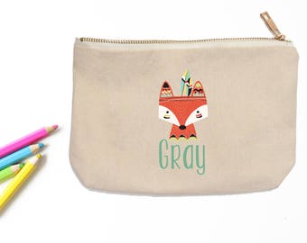 Boho Fox Personalized Pencil Pouch // Custom Personalized Kids Tribal Fox School Pencil Bag // Pencil Case