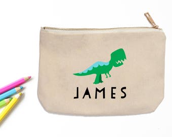 Green T-Rex Dino Personalized Pencil Pouch // Custom Personalized Kids Tyrannosaurus Rex Dinosaur School Pencil Bag // Pencil Case