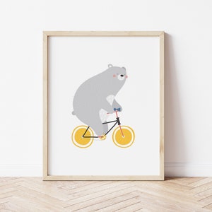 Bear on a Bicycle Art Print Download, Bear Riding a Bike Wall Art Printable for Kids Room Decor, Minimalist Kids Wall Art