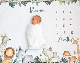 Safari Animal Baby Milestone Blanket, Personalized Baby Boy Baby Girl Month Blanket / Gender Neutral, Unisex Blanket, Watercolor Animals