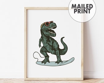 Surfing T-Rex Wall Art • Surf Art for Kids Bedroom • Kids Surfing Dinosaur Decor • Printed Art for a Modern Beach Themed Boys Bedroom