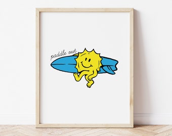 Paddle Out Surf Print / Surf Wall Art for Kids Bedroom  Sun Holding Surfboard Fun Surfing Toddler Kids Room Decor Digital Printable Wall Art