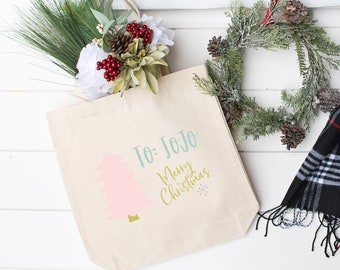 Pink Christmas Tree Personalized Christmas Tote Bag • Custom Cotton Canvas Santa Bag •  Christmas Gift Tote • Reusable Christmas Gift Bag