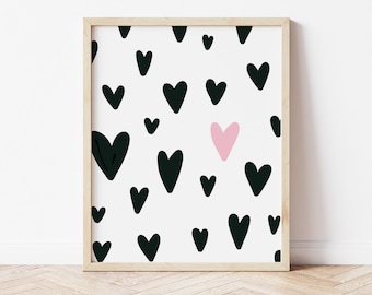 Scandinavian Heart Print / Black and White Heart Pattern Wall Art per bambini Camera da letto / Moderno bambino ragazze camera arredamento / digital stampabile
