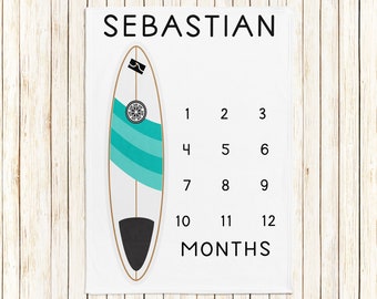 Surfboard Baby Milestone Blanket / Baby Boy Surfing Month Blanket / Ocean Themed Nursery