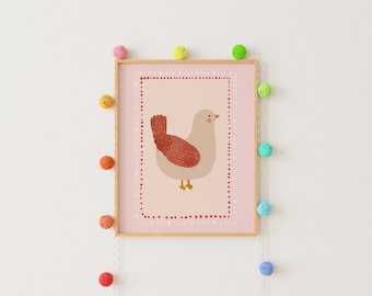 Lámina de pollo para pared, decoración de habitación infantil de animales de granja, estilo cottagecore vintage (descarga digital)