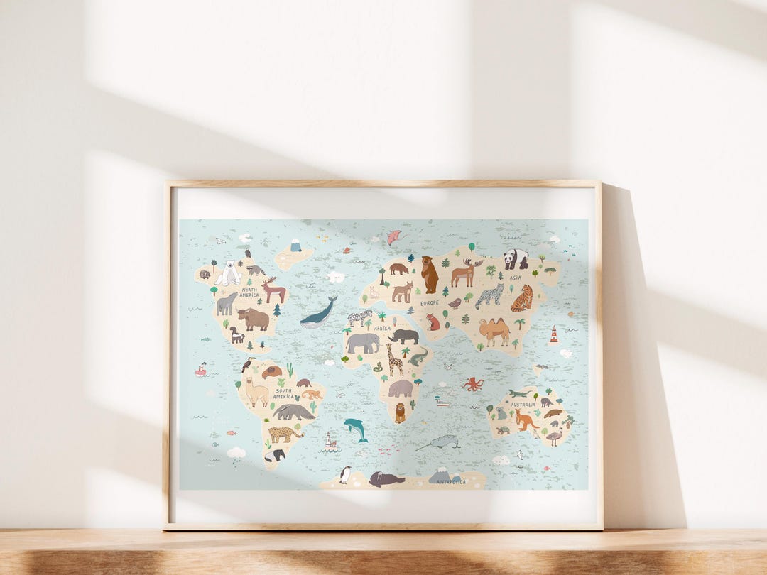 Animals of the World Wall Art, Wild Animal World Map Printable Nursery ...