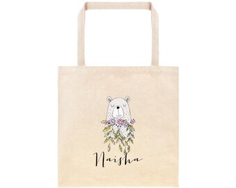 Sweet Bear Personalized School Tote Bag // Custom Canvas Bear Book Bag // Boho Bear Tote Bag Kindergarten //