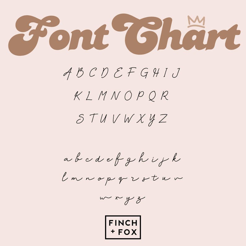 May include: A font chart with a crown above the word "Chart". The chart shows the alphabet in uppercase and lowercase letters in a cursive font. The letters are brown and black.