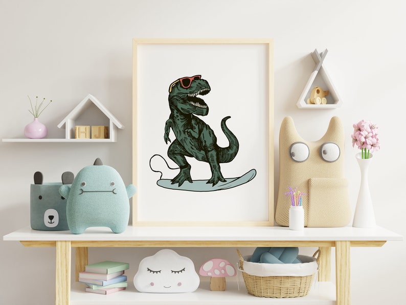 Surfing T-Rex Wall Art Surf Art for Kids Bedroom Kids Surfing Dinosaur Decor Printable Art for aModern Beach Themed Boys Bedroom image 2