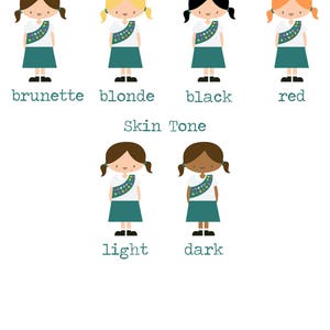 May include: Illustration of a girl scout with different hair and skin tones. The illustration shows four different hair colours: brunette, blonde, black, and red. The illustration also shows two different skin tones: light and dark.