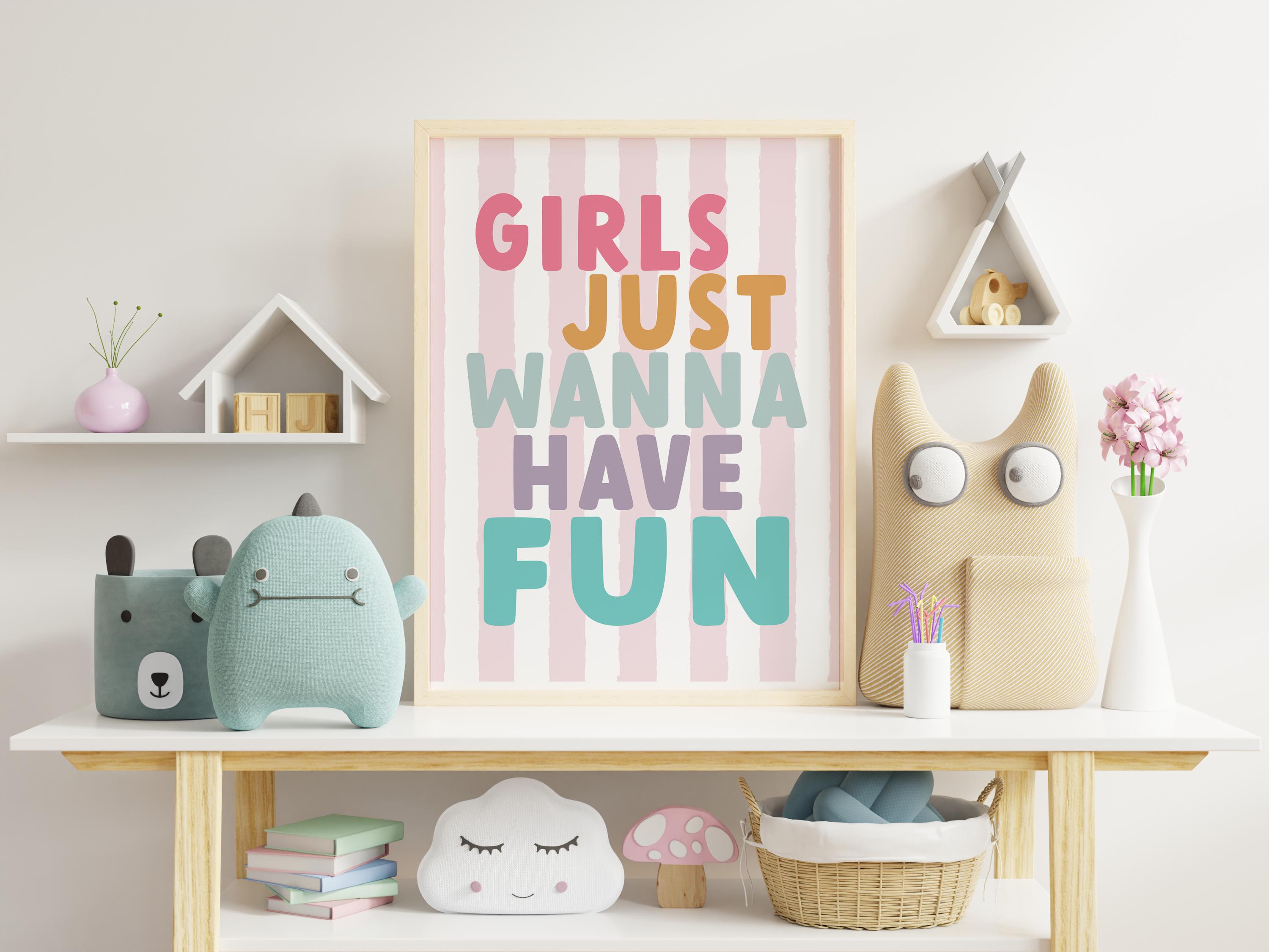 Girls Just Wanna Have Fun Print: Pink Striped Nursery Decor