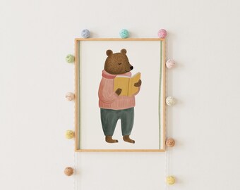 Bear Reading a Book Trumpet Art Print, Kids Room Decor (Digital Download)