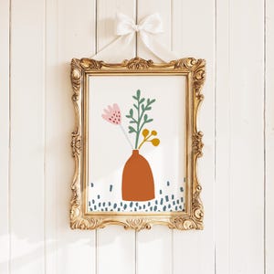 Terracotta Pot Print: Abstract Botanical Art, Burnt Orange Flowers (Digital Download)