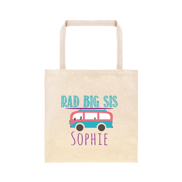 Surf Van Big Sister Personalized Tote Bag // Custom Cotton Big Sis Surfboard Gift Bag // Beach Theme Baby Shower Sibling Gift Hospital Bag