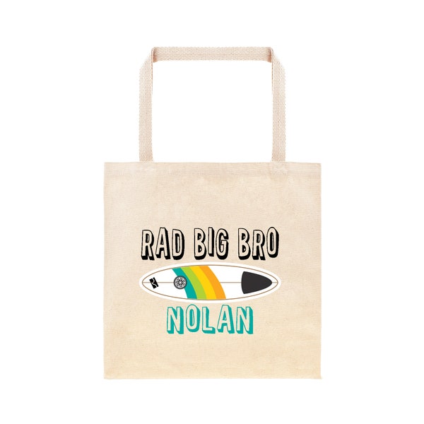 Rad Big Bro Surfboard Big Brother Personalized Tote Bag /Custom Cotton Canvas Big Brother Surfing Gift Bag, Ocean/Beach Theme Sibling Gift