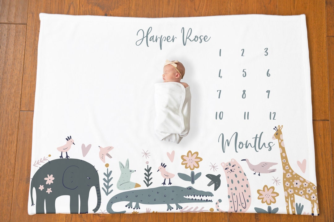 Safari Animal Baby Milestone Blanket, Personalized Baby Girl Month ...