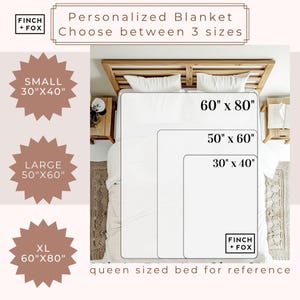 May include: A visual guide to the different sizes of personalized blankets available. The image shows three blankets laid out on a queen-sized bed, with the dimensions of each blanket labeled. The blankets are white and the text is black. The smallest blanket is 30 inches by 40 inches, the medium blanket is 50 inches by 60 inches, and the largest blanket is 60 inches by 80 inches.