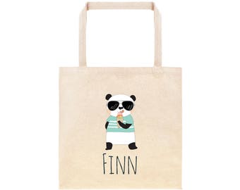 Panda Bear Eating Ice Cream Personalized School Tote Bag // Custom Canvas Panda Book Bag // Ice Cream Bear Tote Bag Kindergarten //