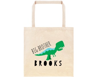 Dinosaur Personalized Big Brother Tote Bag / Custom T-Rex Big Bro Cotton Hospital Bag / Baby Shower Gift for Sibling Tyrannosaurus Rex Bag