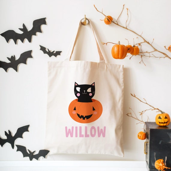 Cute Black Cat in a Pumpkin Halloween Personalized Trick or Treat Tote Bag - Custom Candy Bag for Kids - Custom Trick or Treating Bag