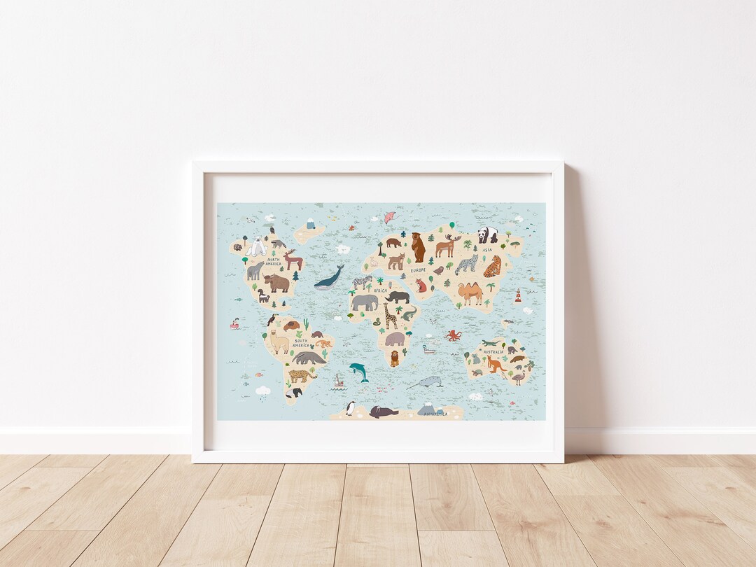 Wild Animal World Map Wall Art Print Printable Wall Art for Kids ...