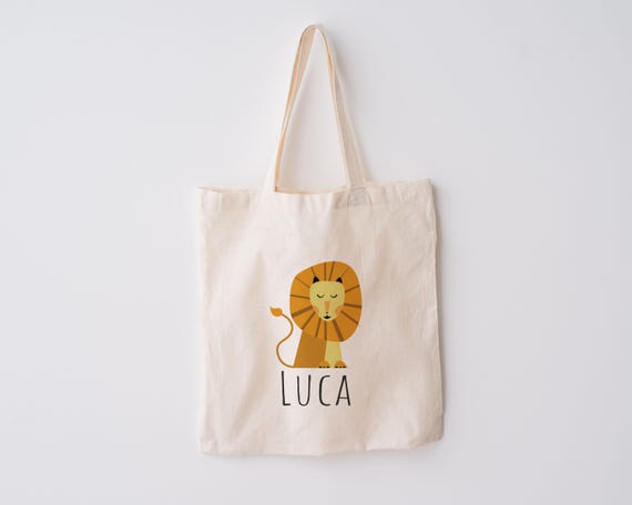 Personalized Kids Lion Tote Bag, School Book Bag, Jungle Animals