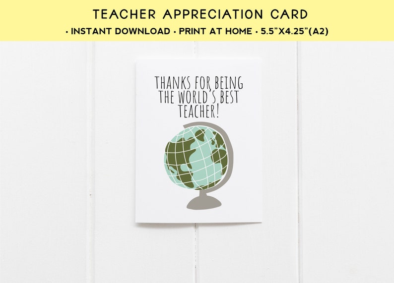 Teacher Appreciation Card • World's Best Teacher, Globe (digital ...