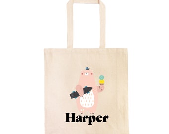 Skateboarding Bear Kids Personalized Tote Bag // Custom Canvas Bear Book Bag // Ice Cream Bear Tote Bag Kindergarten //