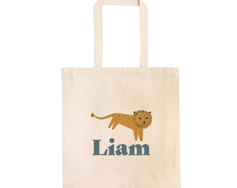 Boho Modern Personalized Lion Tote Bag / Boys Lion School Book Bag Customized with Name