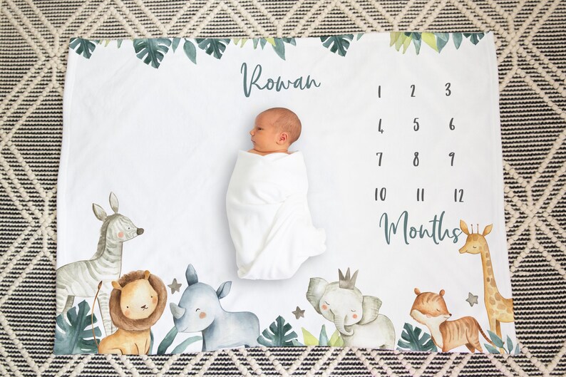 Safari Animal Baby Milestone Blanket Personalized Baby Boy Etsy