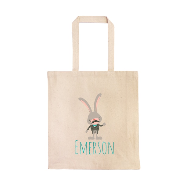 Hipster Easter Bunny Personalized Egg Hunt Bag, Custom Easter Basket Tote Bag / Bunny with Mustache Reusable Easter Egg Hunt Monogrammed Bag