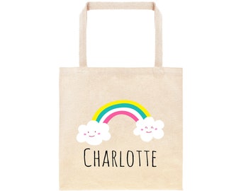 Rainbow Personalized School Tote Bag // Custom Sweet Rainbow with Happy Clouds Book Bag // Cute Rainbow Kids Custom Tote Bag // School Bag