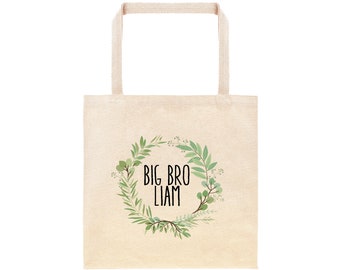 Leafy Green Wreath Personalized Big Brother Tote Bag / Custom Cotton Canvas Big Bro Gift Bag / Green Laurel Botanical Wreath with Name