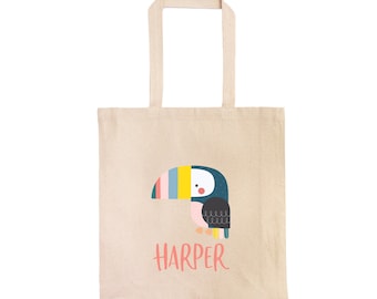 Toucan Kids Personalized Tote Bag // Custom Canvas Toucan Book Bag // Tropical Tote Bag Kindergarten //