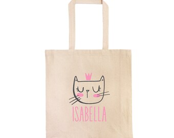 Cat Princess Personalized Tote Bag, Custom Monogrammed Girls Book Bag, Cat Tote Bag, Kindergarten Bag, Cat Lover Gift