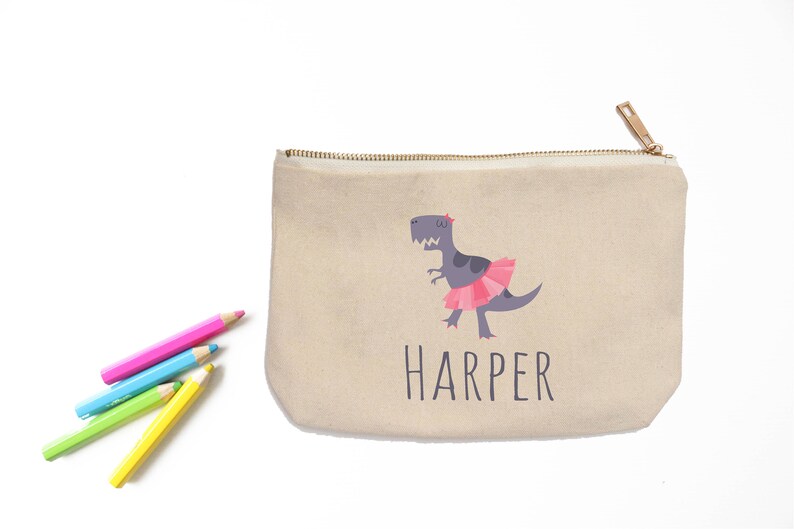 Dancing Dino Personalized Pencil Pouch Custom Personalized Kids Dinosaur in a Tutu School Pencil Bag Pencil Case