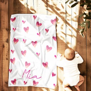 Personalized Pink Hearts Baby Blanket: Geometric Pattern, Minky or Sherpa