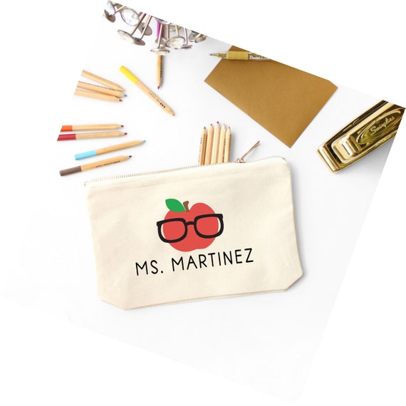 Personalized Teacher Pencil Pouch Funny Apple Wearing Glasses