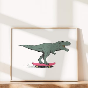 スケート T-Rex ウォールアート、子供部屋用スケートアート、子供用スケート恐竜装飾、クールなスケートボードビーチをテーマにした男の子の寝室用印刷可能なアート
