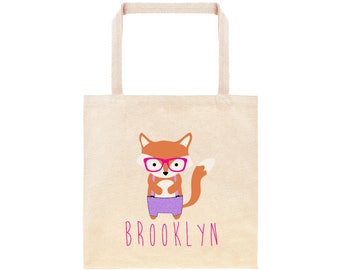 Hipster Fox Personalized School Tote Bag // Custom Canvas Woodland Animal Book Bag //Fox Custom Tote Bag