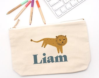 Lion Personalized Pencil Pouch // Custom Personalized Kids Safari Animals Pencil Bag // Pencil Case