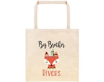 Hipster Tribal Fox Big Brother Personalized Tote Bag // Custom Cotton Big Bro Gift Bag // Woodland Animal Theme Baby Shower Sibling Gift