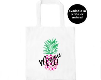 Pink Pineapple Personalized Bachelorette Tote Bag / Custom Cotton Bag with Tropical Pineapple and Name / Beach Bachelorette / Mexico, Miami