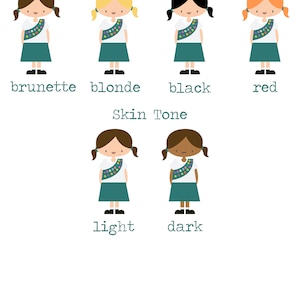 May include: Illustration of a girl scout with different hair and skin tones. The illustration shows four different hair colours: brunette, blonde, black, and red. The illustration also shows two different skin tones: light and dark.