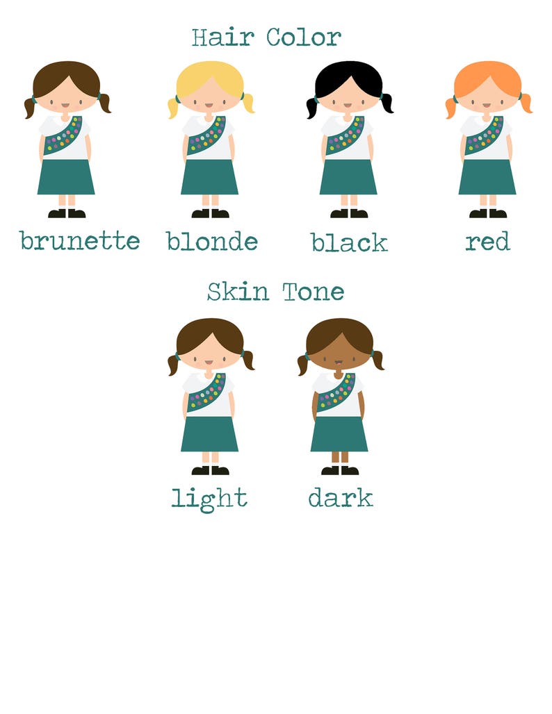 May include: Illustration of a girl scout with different hair and skin tones. The illustration shows four different hair colours: brunette, blonde, black, and red. The illustration also shows two different skin tones: light and dark.